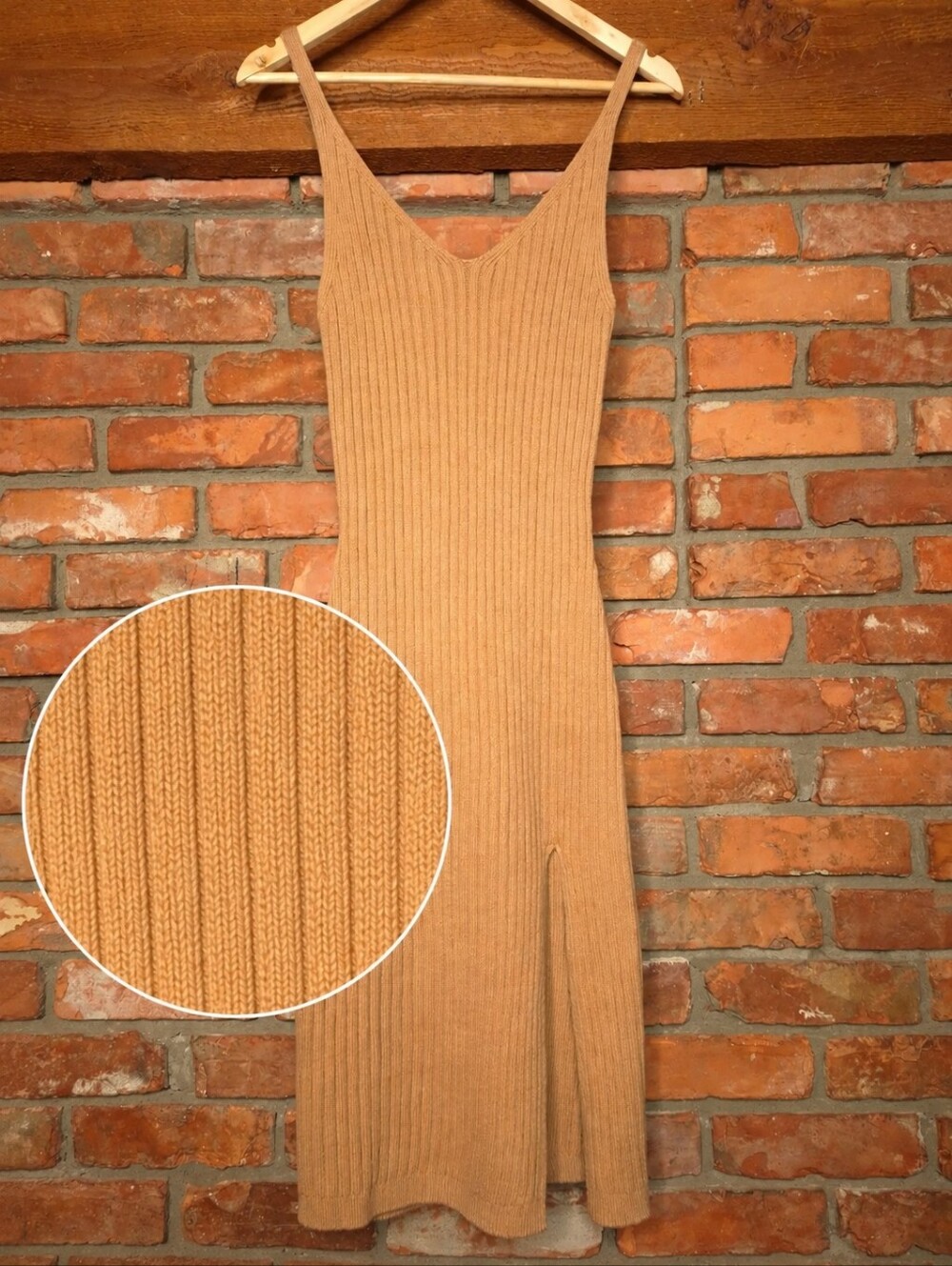 Hollister NWT Large Camel Ribbed Knit Midi Dress V Neck Side Slit Fitted Stretch